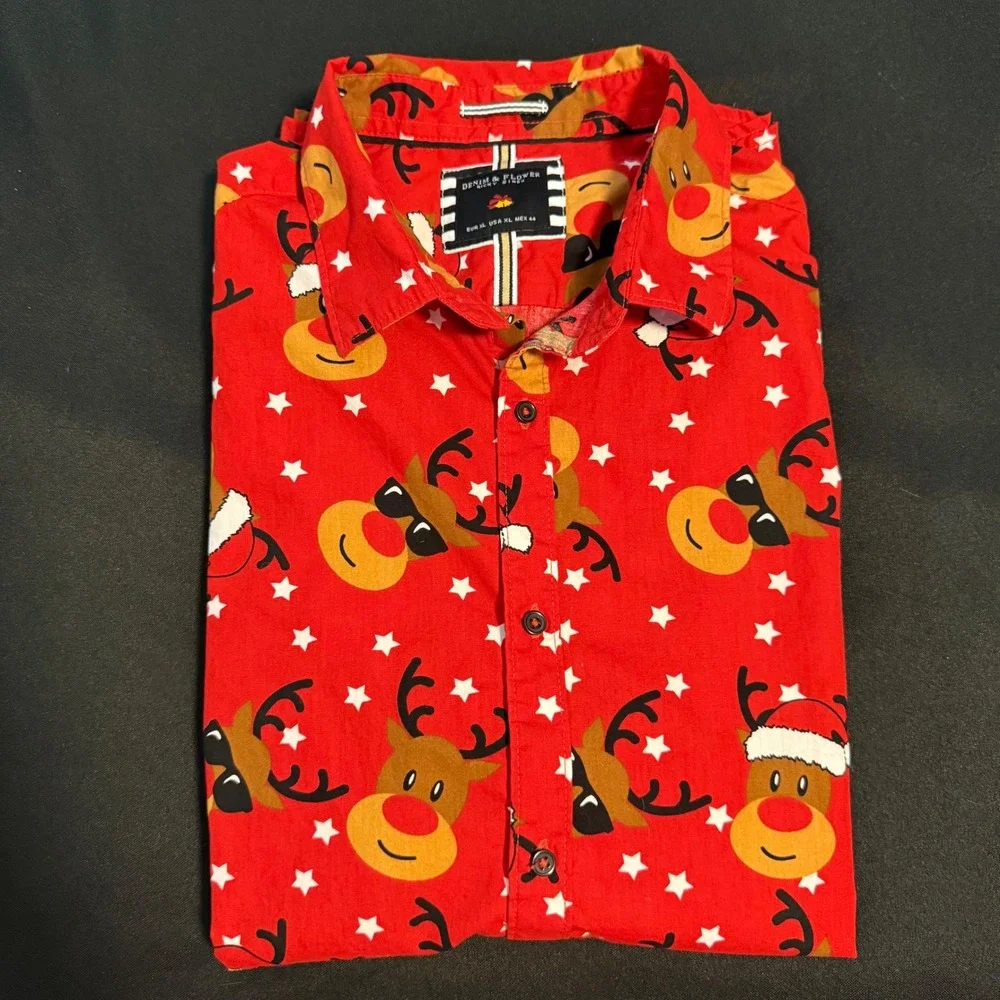 Denim & Flower Reindeer Christmas Shirt Men's XL Red Holiday Novelty Button Down